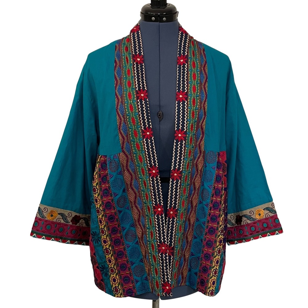 ANU Blue Cotton Embroidered Patchwork Boho Kimono Jacket Open Front Indie Chic M